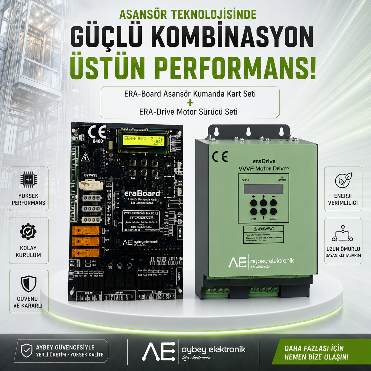 ERA-Board Asansör Kumanda Kart Seti + ERA-Drive Motor Sürücü Seti 7.5kW 18A Dişlisiz Makine